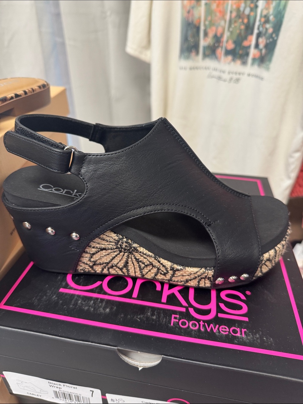 Corkys Black Wedge Sandal with Floral Patterned Platform